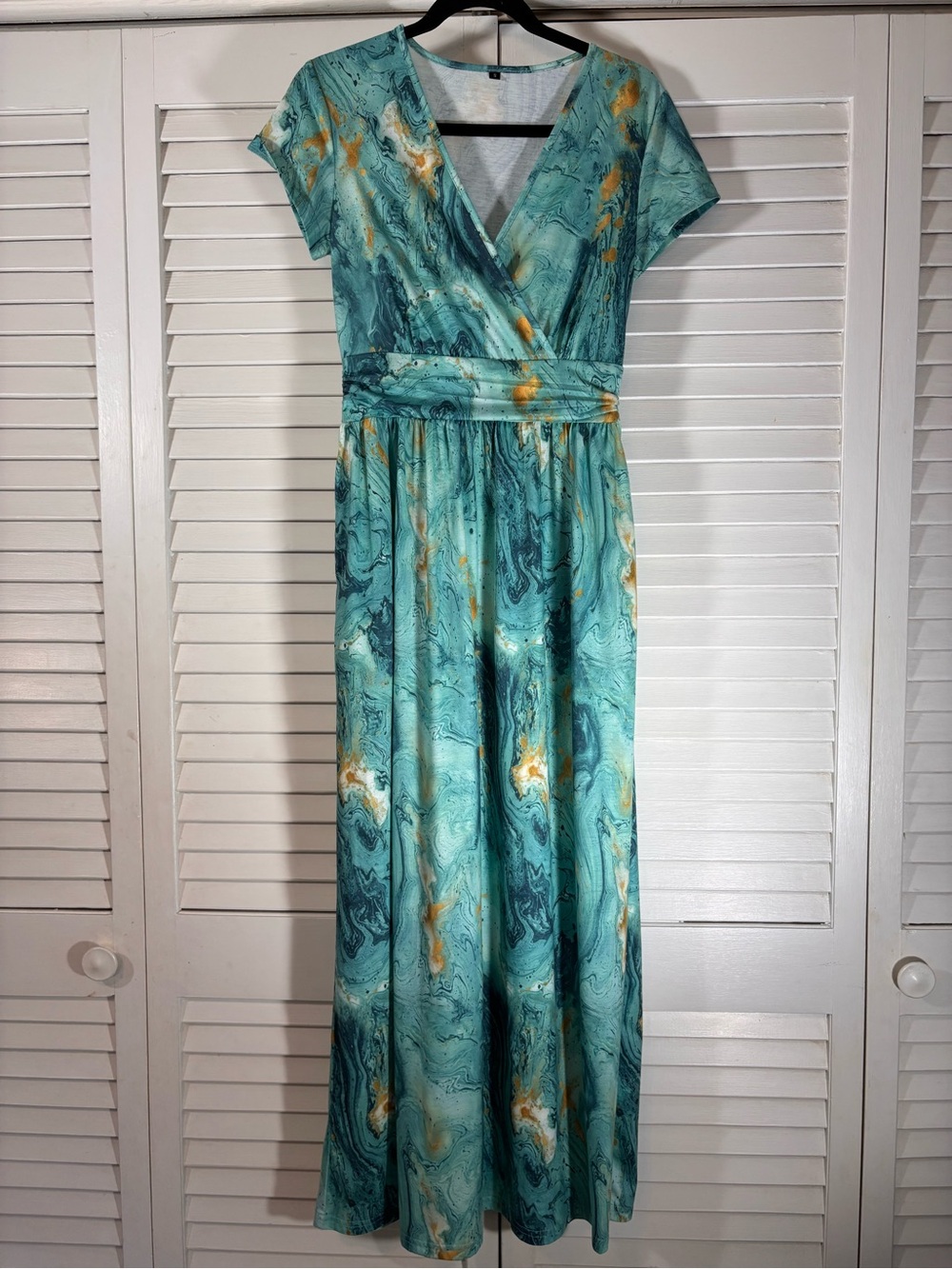 Wrap Maxi Dress Blue Green Abstract Marble Print Small